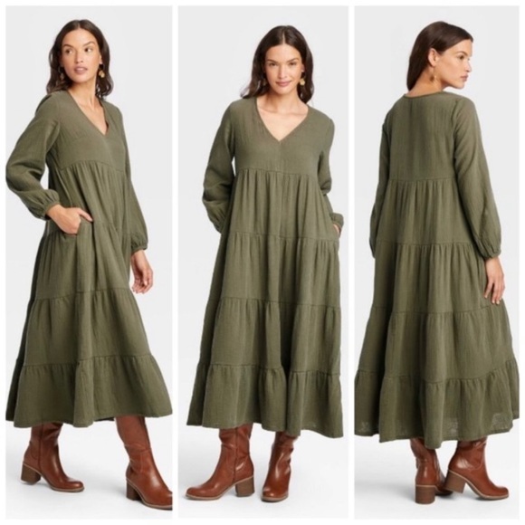 Universal Thread Dresses & Skirts - Universal Thread - Women's Green Balloon Long Sleeve Tiered Maxi - Size: XL